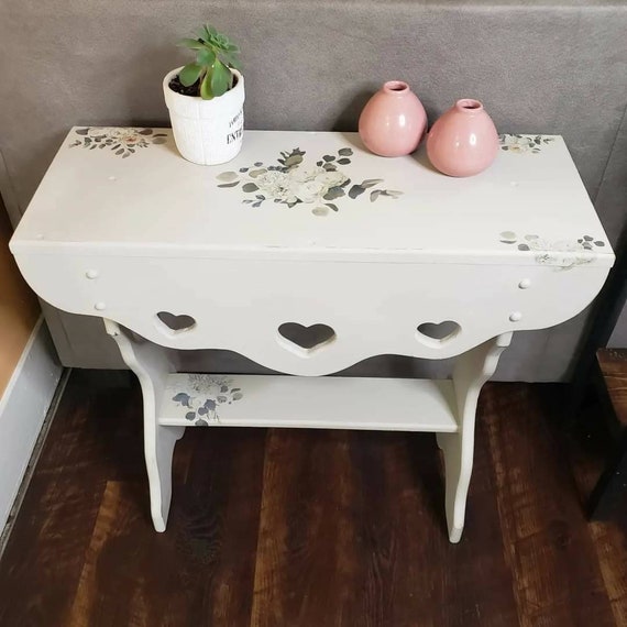 Cream Colored Vintage Side Table With Cutout Hearts and Floral Etsy