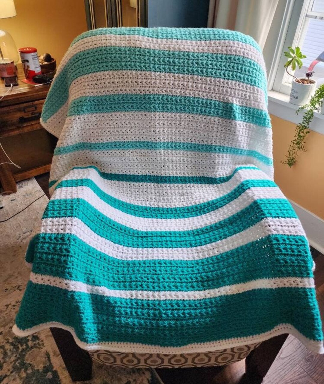 Teal & White Striped Blanket Crochet Lap Blanket Throw Etsy