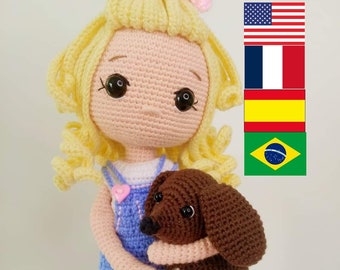 Patrón de ganchillo muñeca amigurumi muñeca Hope y perro max Inglés, portugués brasileño, francés, español patrón pdf