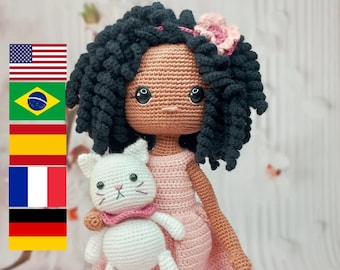 Patrón de crochet muñeca Amigurumi muñeca Layla y Cat English,,Español,Brazilian Portuguese,Français,Deutsch pdf patrón