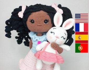 Crochet pattern doll Amigurumi doll Olivia and bunny Lulu pattern English,French, Spanish, Portuguese