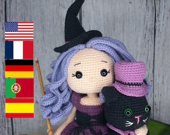 Crochet pattern doll Amigurumi doll The little witch Margaret and Cat English, French,Portuguese,Spanish,Deutsch pattern