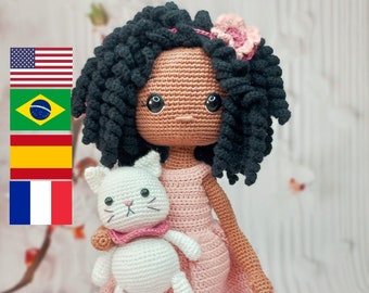 Crochet pattern doll Amigurumi doll Layla and Cat English,,Español,Brazilian Portuguese,Français pdf pattern