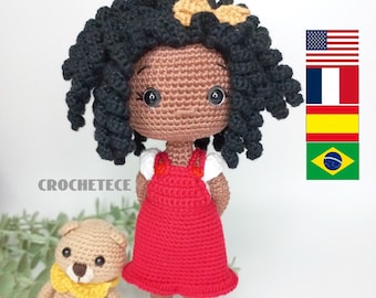 Patrón de crochet muñeca Amigurumi muñeca Linda y Oso Inglés,Francés,Español,Portugués patrón pdf