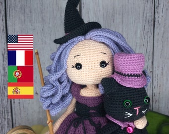 Crochet pattern doll Amigurumi doll The little witch Margaret and Cat English, French,Portuguese,Spanish pattern