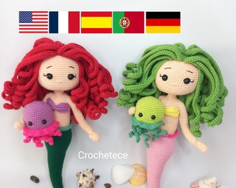 Gehaakte zeemeermin patroon pop en kwallen patroon amigurumi pop prinses zeemeermin Engels/Français/Espanol/Português/Deutsch