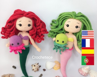 Crochet mermaid pattern doll and jellyfish pattern amigurumi doll princess mermaid English/Français/Espanol/Português