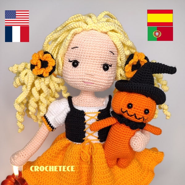 Patron au crochet poupée Amigurumi poupée Agnès et homme citrouille English/Français/Espanol/Português patron pdf