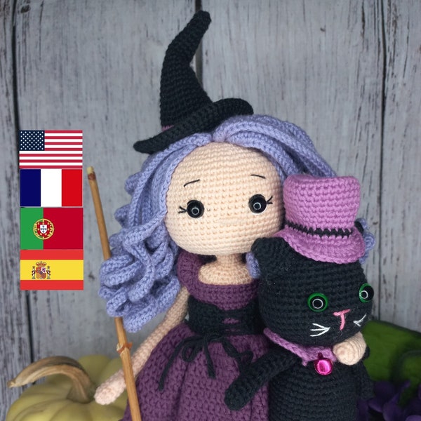 Crochet pattern doll Amigurumi doll The little witch Margaret and Cat English, French,Portuguese,Spanish pattern