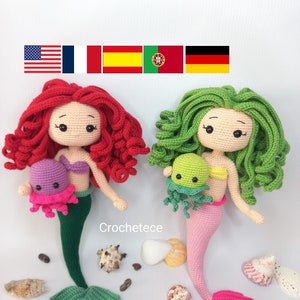 Crochet mermaid pattern doll and jellyfish pattern amigurumi doll princess mermaid English/Français/Espanol/Português/Deutsch
