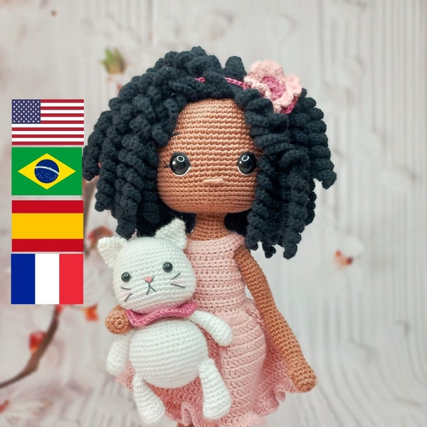 Crochet pattern doll Amigurumi doll Layla and Cat English,,Español,Brazilian Portuguese,Français pdf pattern