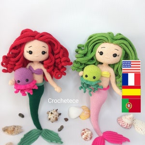 Crochet mermaid pattern doll and jellyfish pattern amigurumi doll princess mermaid English/Français/Espanol/Português