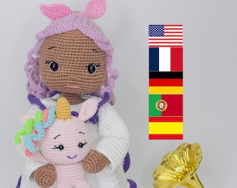 Crochet pattern doll Amigurumi doll Lesley and Unicorn pdf English/Français/Espanol/Português/Deutsch