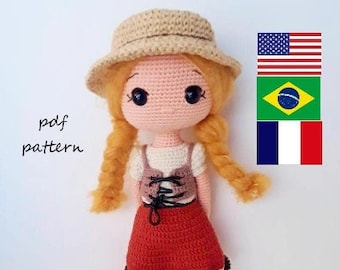 Crochet doll pattern Amigurumi Crochet doll PDF pattern English,Brazilian Portuguese, French Sophia and little fox Lucky