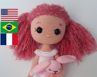 Gehaakt poppenpatroon Amigurumi patroon Candy en konijntje Rubby pdf Engels, Braziliaans Portugees, Frans