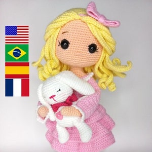 Patrón crochet muñeca Amigurumi muñeca Esperanza y conejito Inglés,Español,Portugués brasileño,Francés patrón pdf