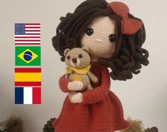 Crochet pattern doll Amigurumi doll Emily and Bear English,Español,Brazilian Portuguese, French pdf pattern