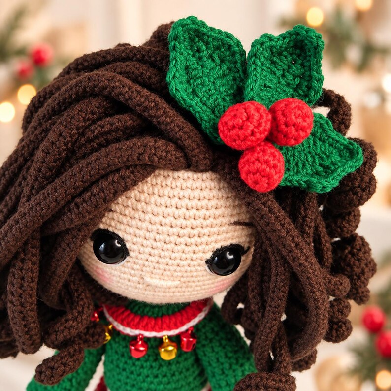 May include: A crocheted doll with dark brown yarn hair, featuring a green holly leaf and red berry accessory. The doll has a beige face with black plastic eyes, pink cheeks, and a green sweater adorned with small red and gold jingle bells.