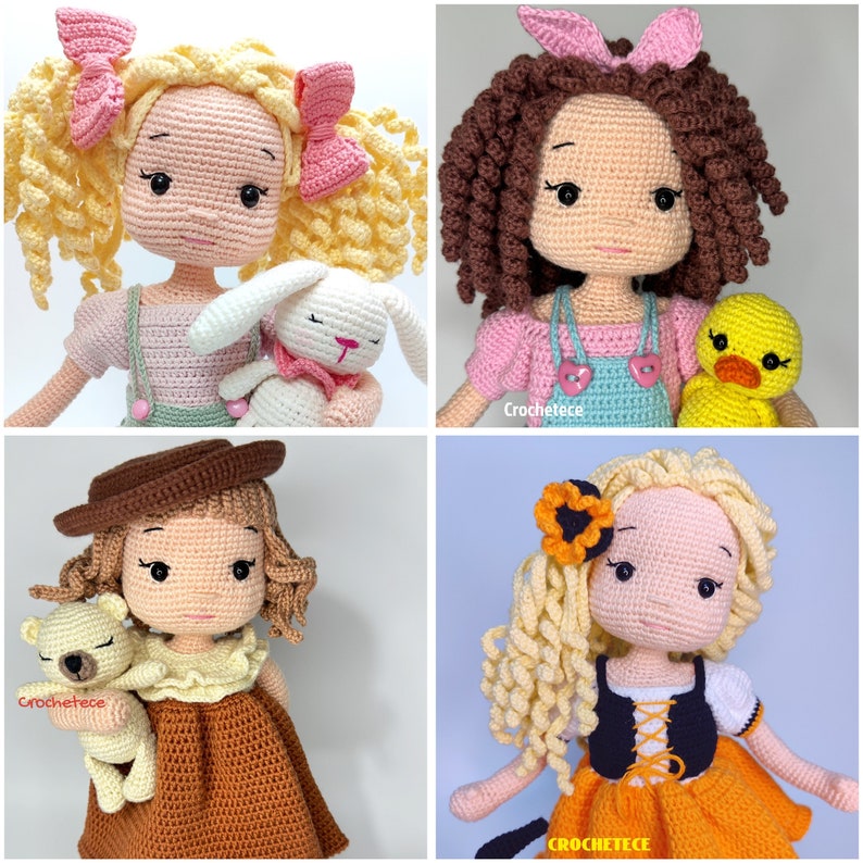 May include: Four crocheted dolls with different outfits and accessories. The dolls have brown and blonde hair, and are wearing a variety of outfits, including a pink and green dress, a brown and orange dress, a yellow and orange dress, and a blue and white dress. The dolls are holding a variety of accessories, including a bunny, a duck, a teddy bear, and a sunflower.