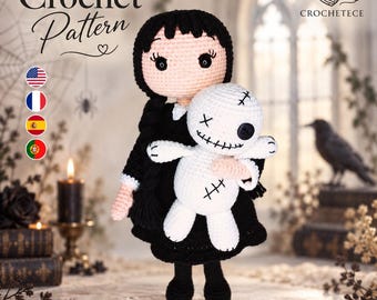 Può includere: Una bambola all'uncinetto con capelli neri intrecciati, che indossa un vestito nero con colletto bianco, che tiene in mano una bambola voodoo bianca con dettagli cuciti neri e un occhio a bottone. Il testo Crochet Pattern e CROCHETECE sono visibili.