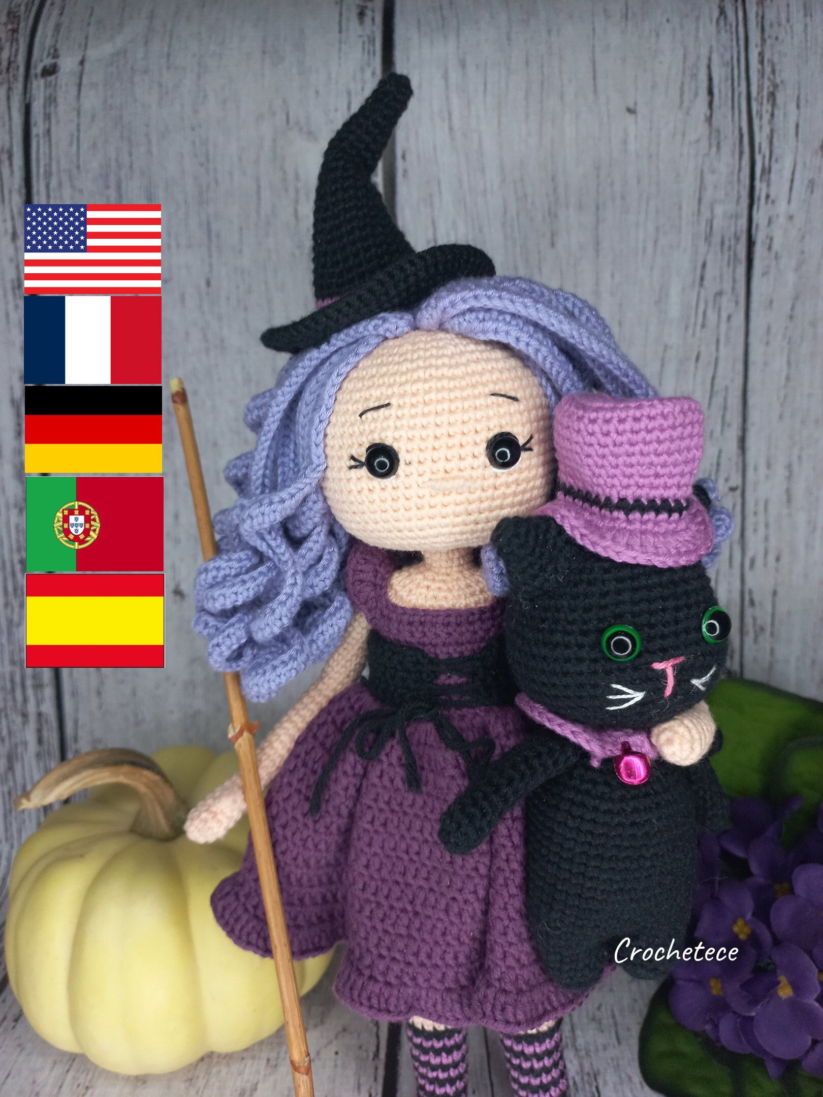 Crochet pattern doll Amigurumi doll The little witch Margaret and Cat English, French,Portuguese,Spanish,Deutsch pattern