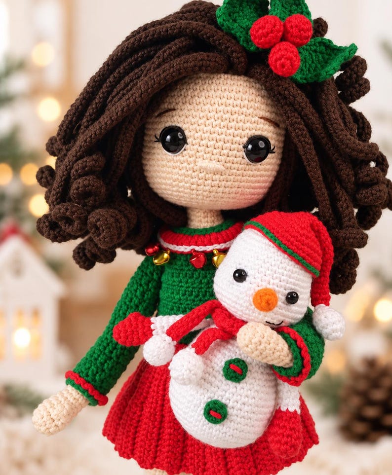 May include: A crocheted doll with dark brown curly hair, wearing a green sweater with small gold bells and a red skirt. The doll holds a small white snowman toy with a red hat, a red scarf, and two green buttons on its front. A green holly leaf with three red berries is attached to the doll's hair.