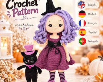 Könnte beinhalten: Eine Häkelpuppe mit lockigem lavendelfarbenem Haar, einem schwarzen spitzen Hut und einem dunkelvioletten Kleid, neben einer kleinen schwarzen Katzenfigur mit rosa Zylinder und Halsband. Der Text Crochet Pattern und crochetece ist sichtbar.
