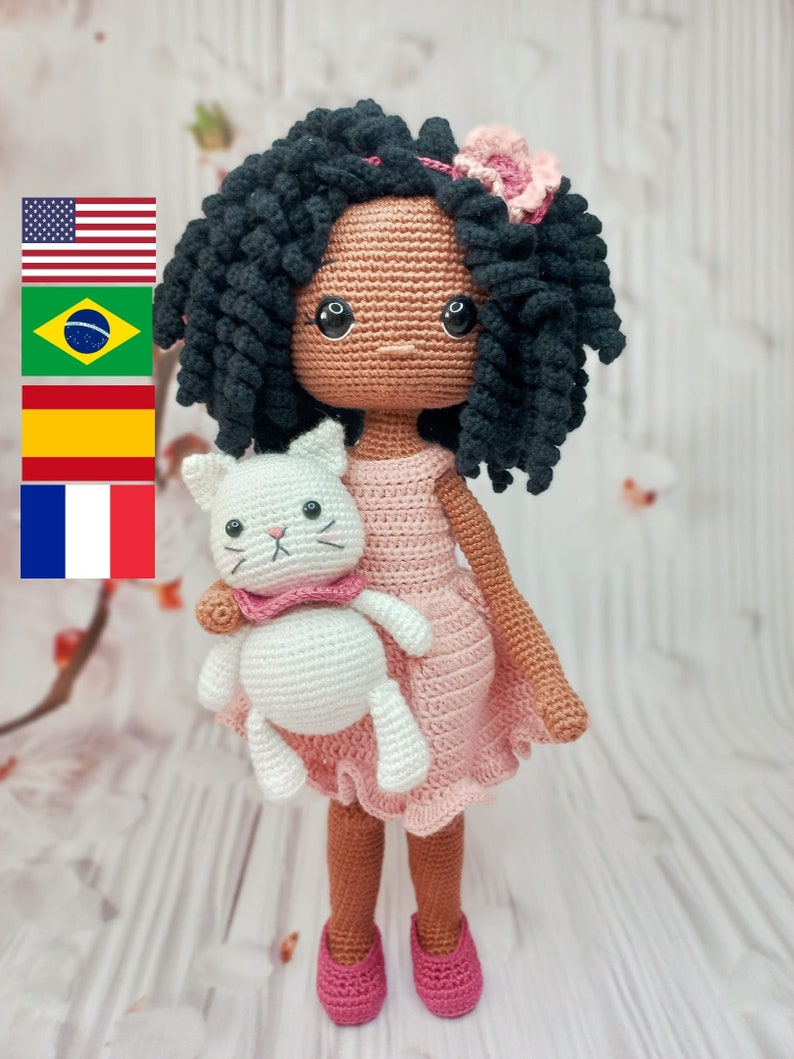 Patron au crochet poupée Amigurumi poupée Layla et Chat English,,Español,Portugais brésilien,Français pdf pattern image 1