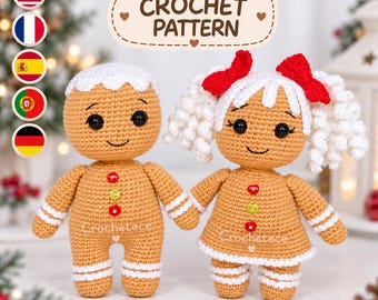 May include: Two crocheted gingerbread dolls with tan yarn bodies, white icing-style hair, and black safety eyes. The left doll has white cuffs and three buttons, while the right doll wears a dress with two red bows and three buttons. Text reads CROCHET PATTERN.