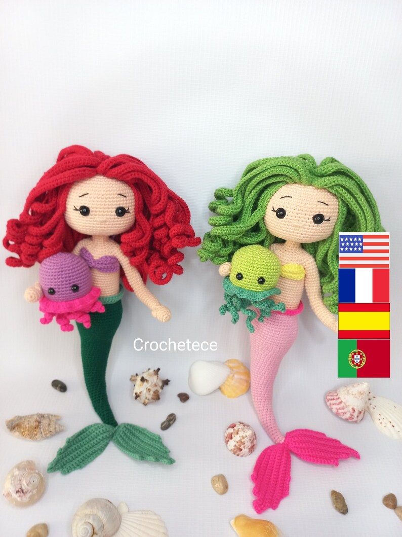 Crochet mermaid pattern doll and jellyfish pattern amigurumi doll princess mermaid English/Français/Espanol/Português image 1