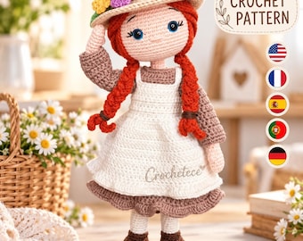 May include: A handmade crochet doll with red yarn hair in two braids, wearing a beige straw-style hat adorned with yellow, purple, and green flowers. The doll wears a brown long-sleeve top, a white pinafore dress, and brown boots.