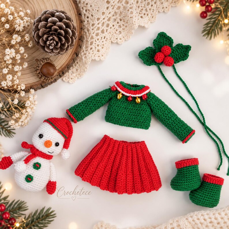 May include: A crochet set featuring a white snowman with a red hat and scarf, a green long-sleeve sweater with small gold bells, a red pleated skirt, green boots with red trim, and a green holly leaf accessory with three red berries.