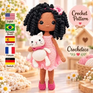 Crochet Doll Pattern with Cat, Amigurumi Girl Doll PDF Pattern