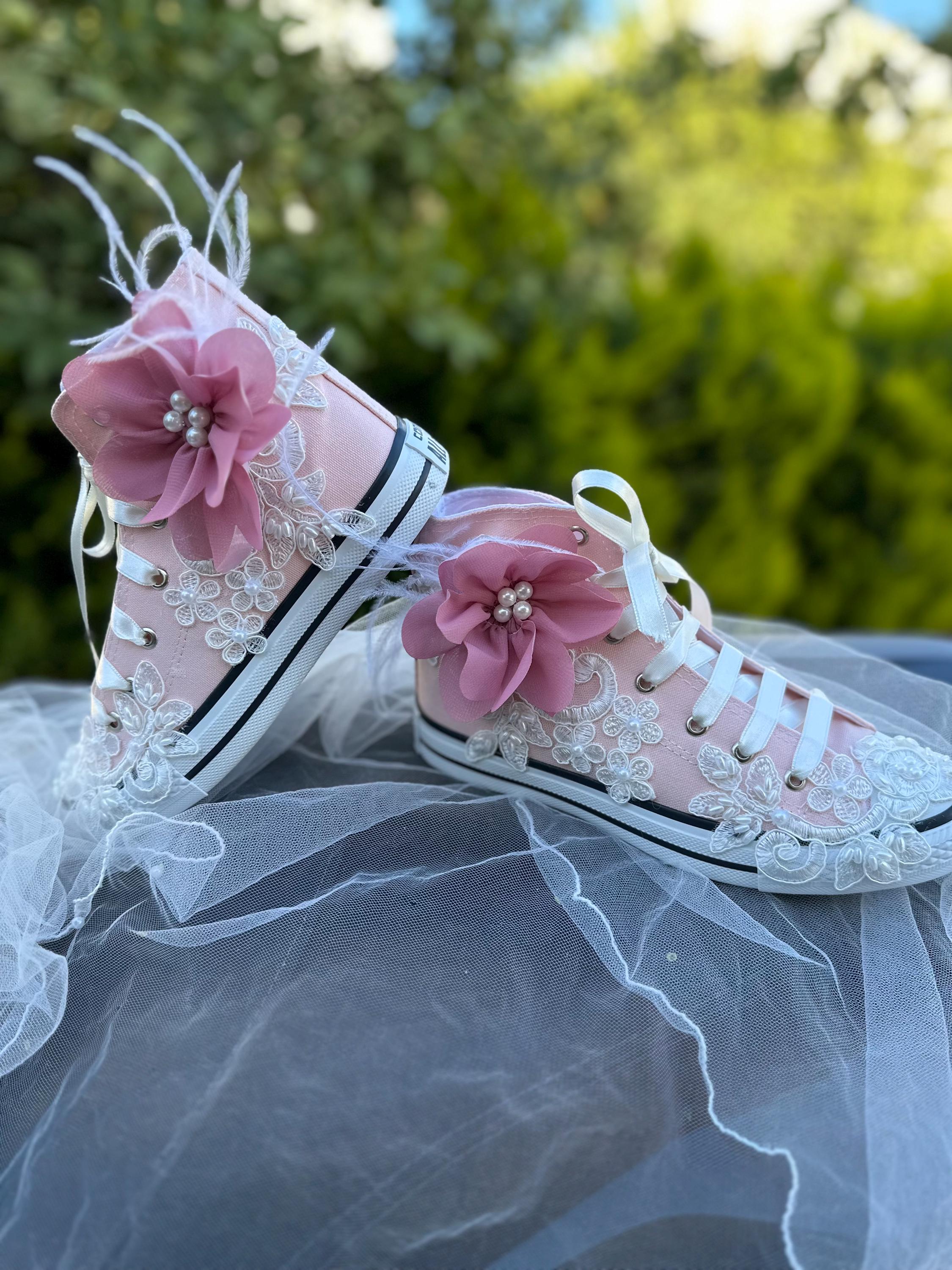 French Lace Wedding Converse: Pink Pearl Flower Party Shoes