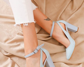 Blue Suede Wedding Block Heels: Ankle Strap Bridal Shoes