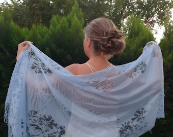 Light Blue Lace Wedding Shawl: Tulle Bridal Wrap