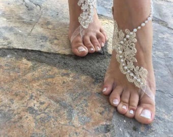 Cream Lace Wedding Barefoot Sandals: Beaded Beach Anklets