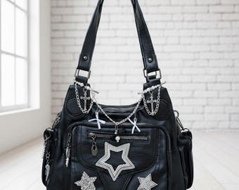 Gothic Black Leather Shoulder Bag with Silver Stars, Y2K Grunge Aesthetic Cross Purse, Alt Fashion Star Studded Handbag, Coquette Punk Bag