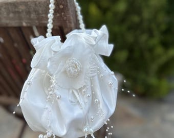 Ivory Satin Pearls Bridal Bag: Pearl Wedding Pouch
