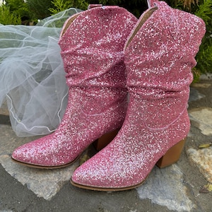 Pink Sparkle Wedding Cowgirl Boots: Handmade Lace Bridal Booties