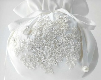 Ivory Satin French Lace Bridal Bag: Pearl Wedding Pouch