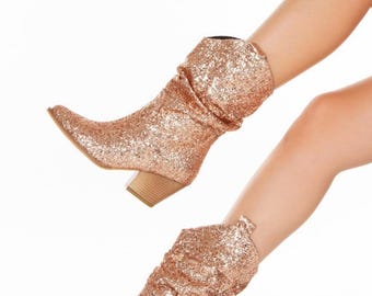 Rose Gold Sparkle Wedding Boots: Lace Bridal Booties