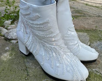 Botas de novia de encaje francés con lentejuelas: botines de novia hechos a mano