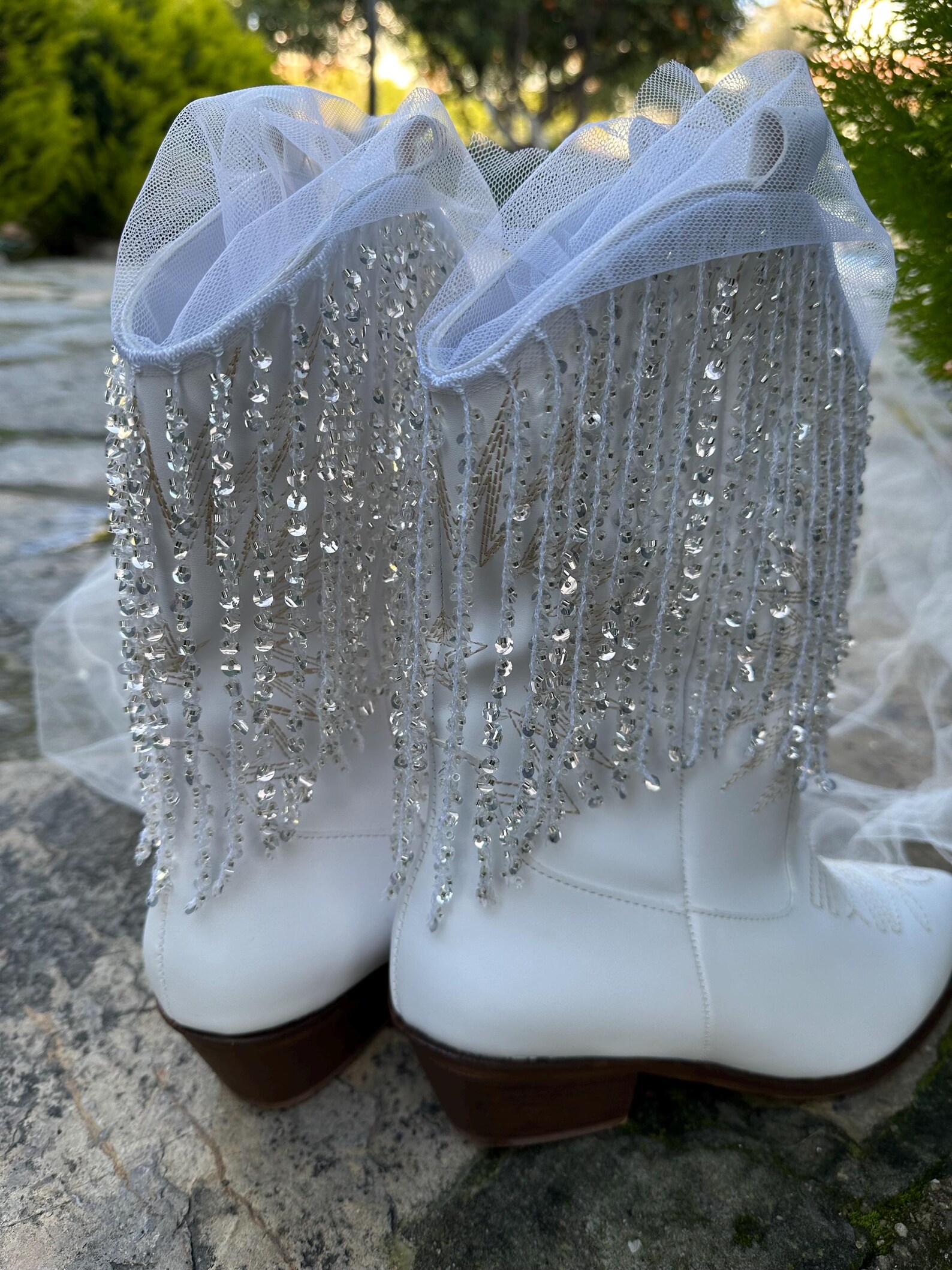 White Cowgirl Wedding Boots: Lace Crystal Tassel Bridal Booties - Etsy