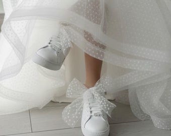 Tulle Shoe Charms for Wedding Sneakers - Bridal Shoe Accessories, Handmade White Bow Shoe Clips, Coquette Aesthetic Wedding Decor for Bride