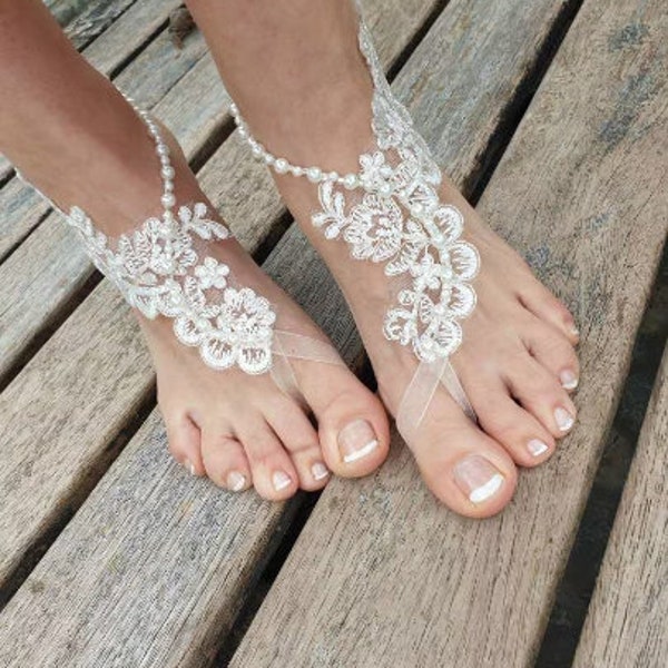 Ivory French Lace Wedding Barefoot Sandals..Wedding anklets..Beach wedding beaded barefoot sandals