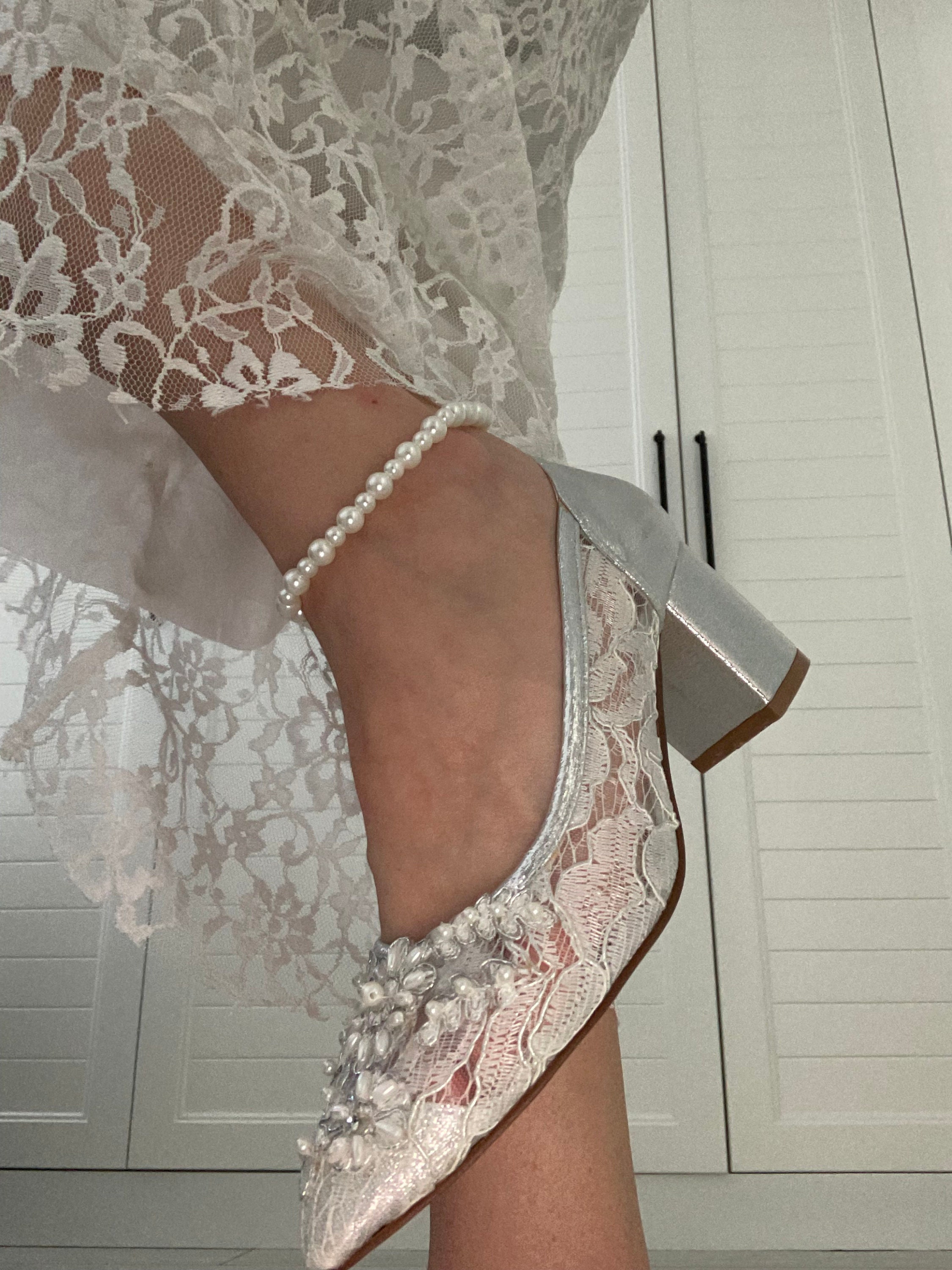 Silver Lace Embroidered Wedding Pumps: Handmade Block Heel Shoes - Etsy, image size:2250x3000