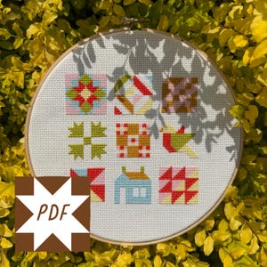 May include: A circular wooden embroidery hoop containing a white fabric panel with nine distinct cross-stitch squares. The designs include geometric patterns, a small bird, and a house, rendered in shades of red, green, blue, yellow, and brown.