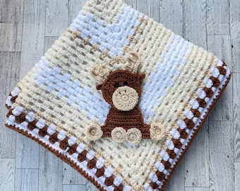 Crochet Baby Blanket – Handmade Moose Appliqué, Earth Tones, Nursery Blanket, Flannel Lined Baby Blanket