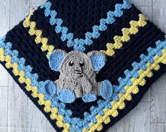 Crochet Baby Blanket, Elephant Applique, Nursery Blanket, Baby Shower Gift, Crochet Blanket